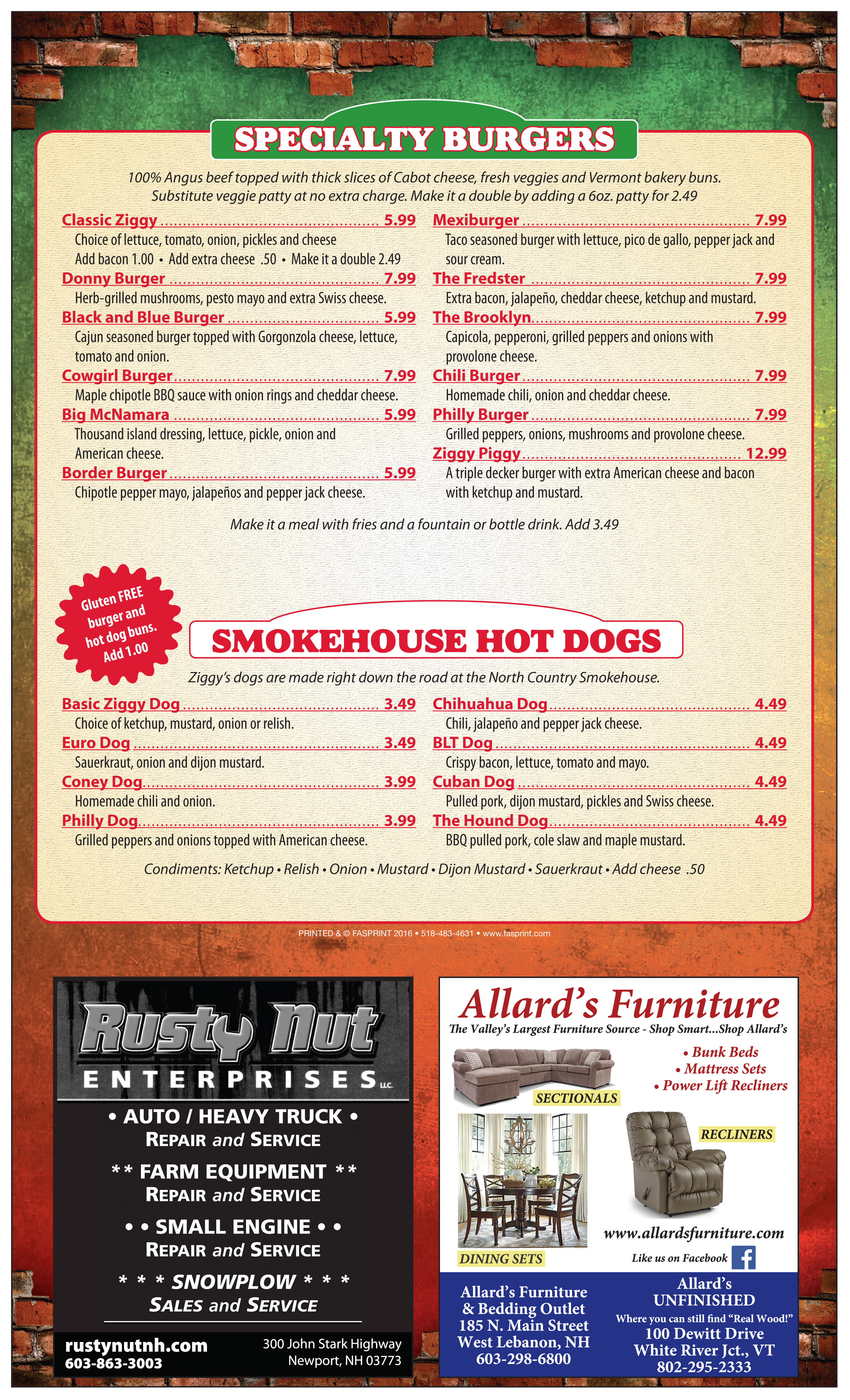 Ziggy’s Pizza Fasprint Menus