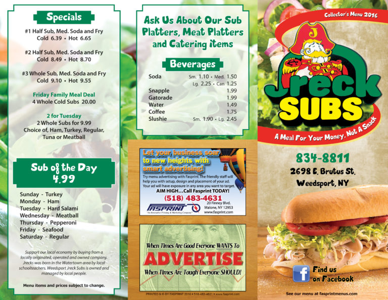 Jreck Subs Weedsport Fasprint Menus