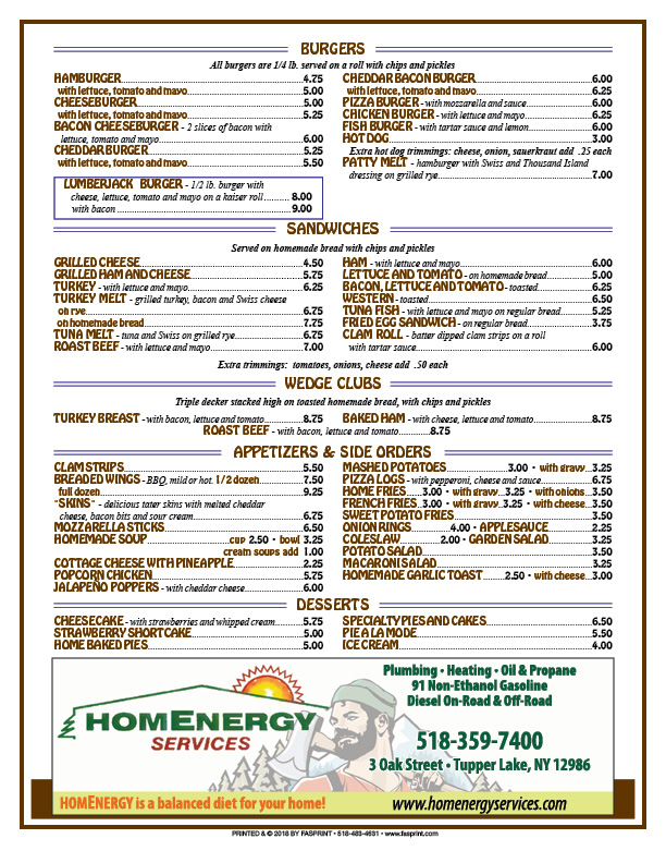 Lumberjack Menu 20183 Fasprint Menus