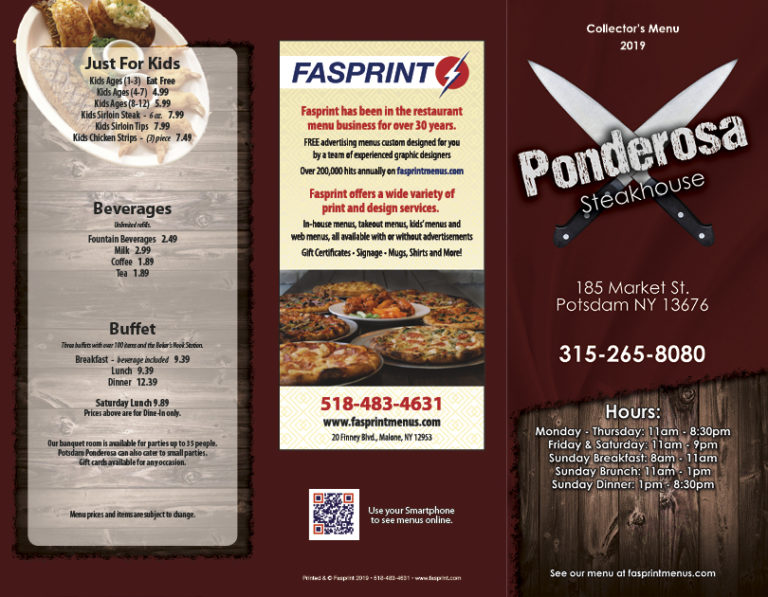 Ponderosa Steakhouse Fasprint Menus