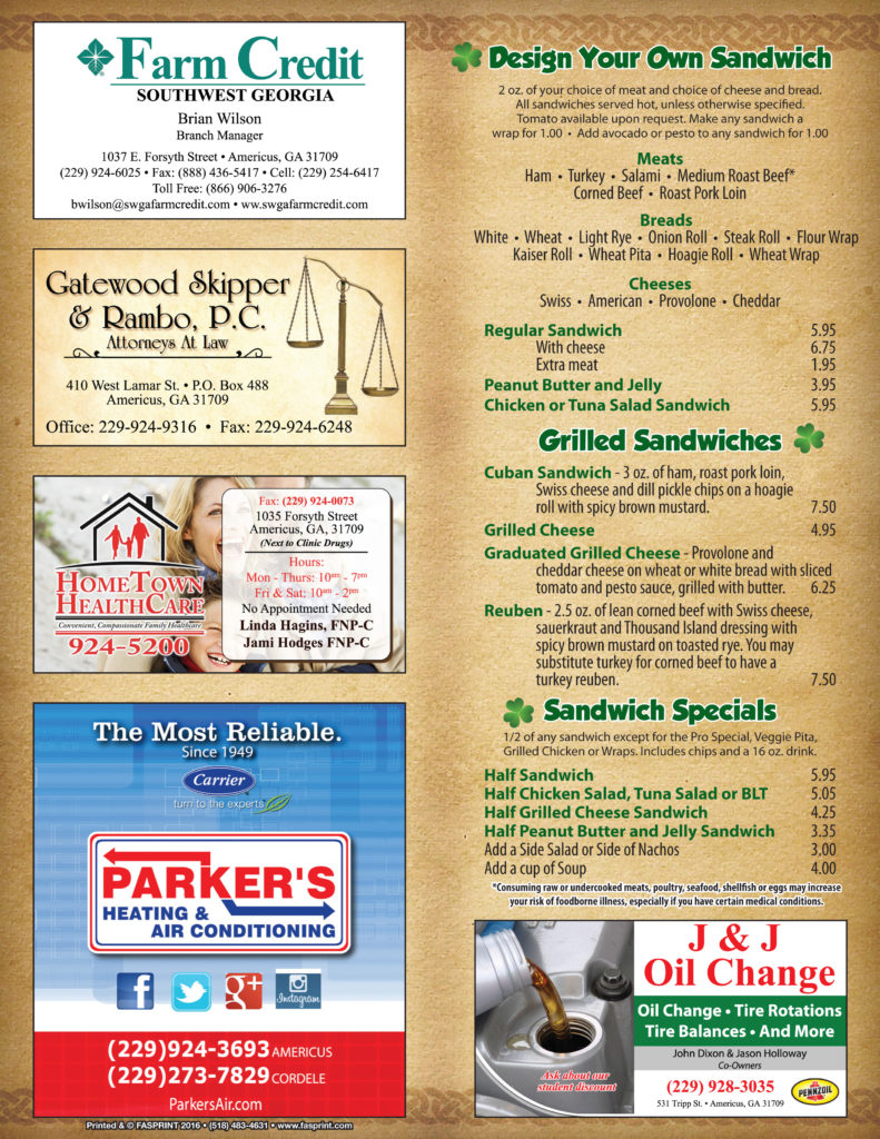 Pat’s Place PG5 Fasprint Menus