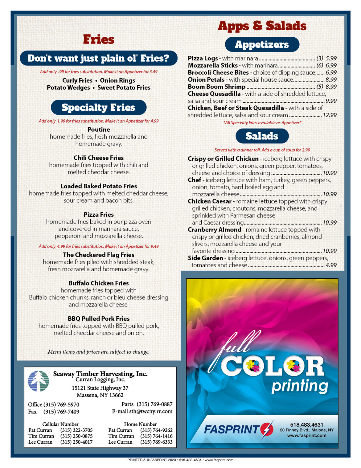 Pit Stop Diner Fasprint Menus